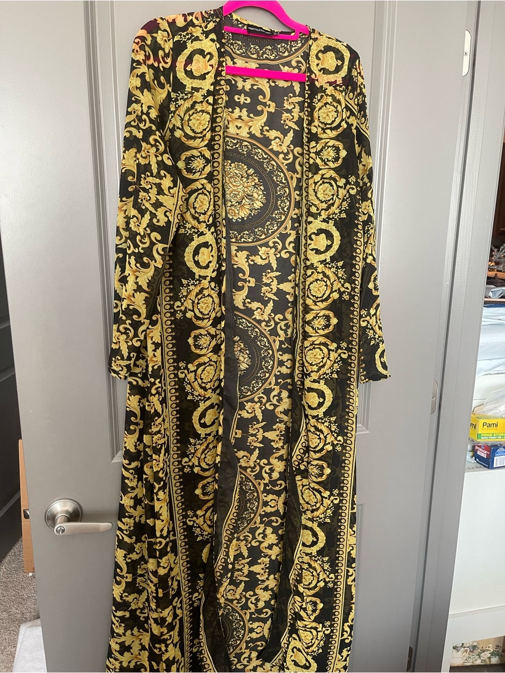 Black & Gold Baroque partially sheer kimono Maxi Duster loungewear coverup